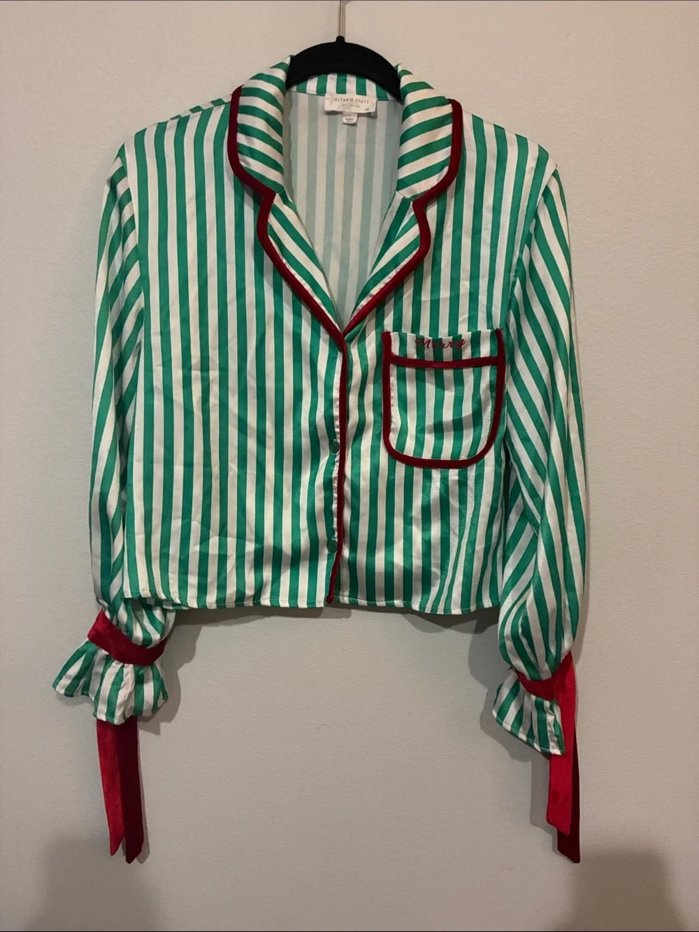 Altar'd State Green and White Striped Satin Pajama Top with Red Trim